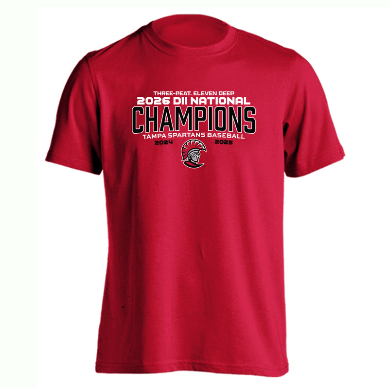 Tampa Spartans Baseball Three-Peat Championship Shirt | 2026 NCAA Division II National Champions | 11-Time National Champions Tee